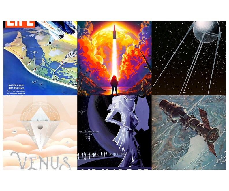 Op de afbeelding: Een collage van vintage illustraties met ruimtethema. Bevat een "LIFE" magazine cover met een kaart en vliegtuig, een raketlancering met een silhouet, een Sputnik satelliet, een futuristische stad met het woord "VENUS" en een ruimtestation dat de aarde omcirkelt.