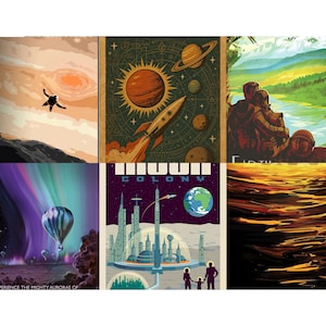 Op de afbeelding: Een verzameling van zes ruimtevaartposters in vintage stijl. De posters bevatten illustraties van planeten, raketten, astronauten en futuristische stadsgezichten. Het kleurenpalet omvat oranje, blauw, paars en groen.