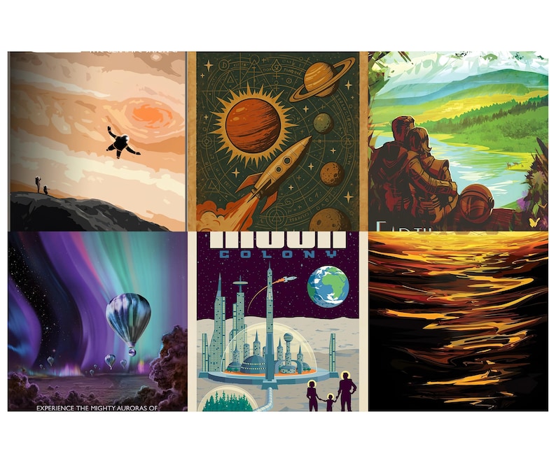Op de afbeelding: Een verzameling van zes ruimtevaartposters in vintage stijl. De posters bevatten illustraties van planeten, raketten, astronauten en futuristische stadsgezichten. Het kleurenpalet omvat oranje, blauw, paars en groen.