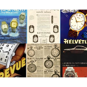 May include: A collage of vintage watch advertisements. One features watches in water with the text "Surf & Sand." Another shows a gold watch with the name "Helvetia." Other ads display pocket watches and wristwatches, including one with the name "Revue."