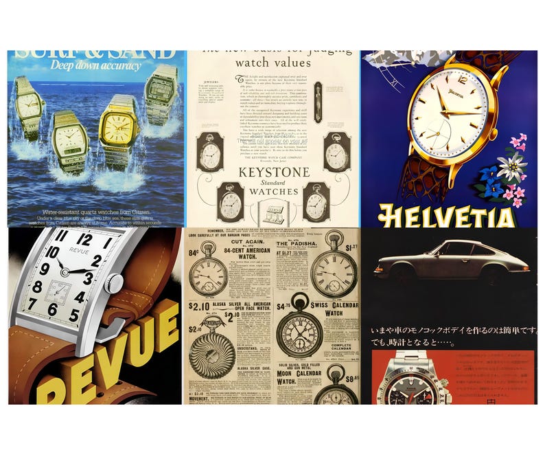 May include: A collage of vintage watch advertisements. One features watches in water with the text "Surf & Sand." Another shows a gold watch with the name "Helvetia." Other ads display pocket watches and wristwatches, including one with the name "Revue."