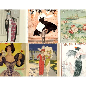 May include: A collection of vintage art prints featuring illustrations of women in elegant attire. The prints showcase a variety of styles, including Art Deco and Belle &Eacute;poque, with vibrant colors and detailed depictions of fashion and scenes.