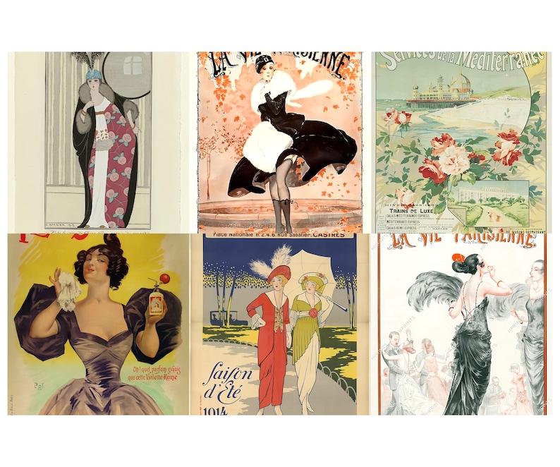May include: A collection of vintage art prints featuring illustrations of women in elegant attire. The prints showcase a variety of styles, including Art Deco and Belle &Eacute;poque, with vibrant colors and detailed depictions of fashion and scenes.