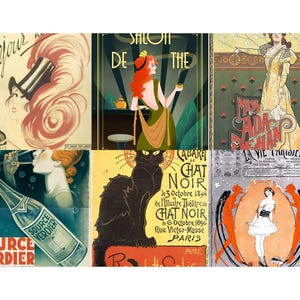 May include: A collection of six vintage Art Nouveau posters. The posters feature illustrations of women, cats, and text in French. The color palette includes shades of green, yellow, red, and black, with decorative floral and geometric elements.