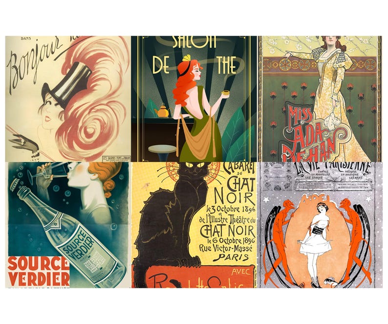 May include: A collection of six vintage Art Nouveau posters. The posters feature illustrations of women, cats, and text in French. The color palette includes shades of green, yellow, red, and black, with decorative floral and geometric elements.