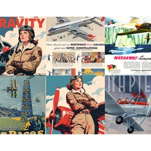 Peut inclure: Un collage d'affiches vintage sur le th&egrave;me de l'aviation. Les affiches pr&eacute;sentent des illustrations d'avions, de pilotes et du texte, notamment "GRAVITY", "NORTHWEST AIRLINES" et "WARHAWKS - Everywhere !" La palette de couleurs comprend le rouge, le bleu et le beige.