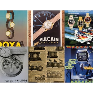 May include: A collage of vintage watch advertisements. The ads feature various watch brands, including DOXA, VULCAIN, ROLEX, and PATEK PHILIPPE. The ads showcase the watches with images of the watch faces and bands.
