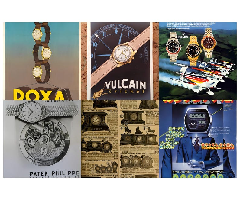 May include: A collage of vintage watch advertisements. The ads feature various watch brands, including DOXA, VULCAIN, ROLEX, and PATEK PHILIPPE. The ads showcase the watches with images of the watch faces and bands.
