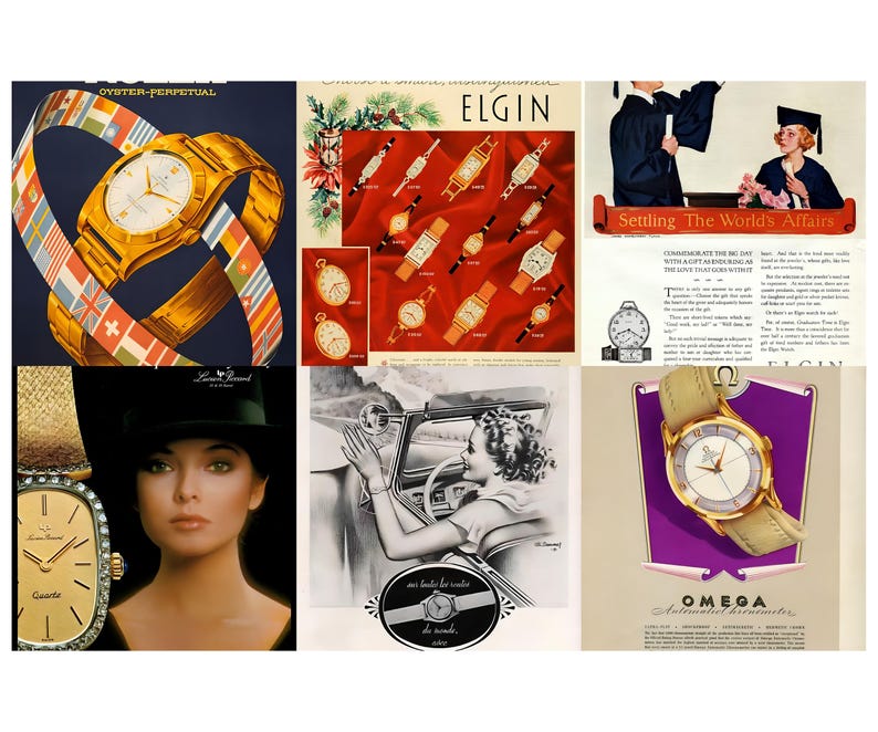 May include: A collage of vintage watch advertisements. One features a gold watch with a band of flags, another showcases various Elgin watches, and a third displays an Omega watch with a cream-colored band. Other images include a woman and a watch.