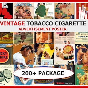 Op de afbeelding: Een verzameling vintage reclameposters voor tabakscigaretten. De posters tonen verschillende ontwerpen, waaronder illustraties van mensen, sigaretten en tekst. De tekst bevat "VINTAGE TOBACCO CIGARETTE ADVERTISEMENT POSTER" en "200+ PACKAGE".