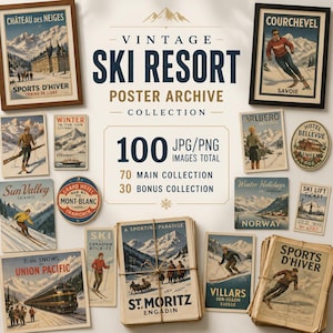 May include: A collection of vintage ski resort posters featuring mountain landscapes, skiers, and trains. The central text reads VINTAGE SKI RESORT POSTER ARCHIVE COLLECTION, 100 JPG/PNG IMAGES TOTAL, 70 MAIN COLLECTION, 30 BONUS COLLECTION.