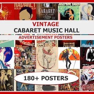 Pode incluir: Uma coleção de cartazes publicitários vintage de cabaré e music hall. Os cartazes apresentam vários designs, incluindo ilustrações de artistas, texto e cores vibrantes. O texto "VINTAGE CABARET MUSIC HALL ADVERTISEMENT POSTERS" é exibido.