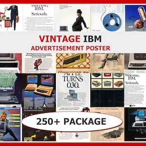 May include: A collage of vintage IBM advertisement posters. The posters feature retro computers, keyboards, and text such as "Welcome, IBM. Seriously." and "250+ PACKAGE". The posters are in various colors and styles, showcasing the evolution of computer technology.