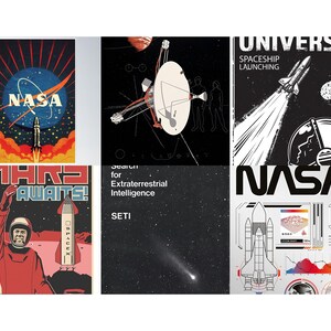 Op de afbeelding: Collectie vintage NASA ruimteonderzoek posters. De posters tonen raketten, astronauten en het NASA-logo. Het kleurenpalet omvat rood, blauw en wit, met retro typografie. Thema's zijn Mars-verkenning en SETI.