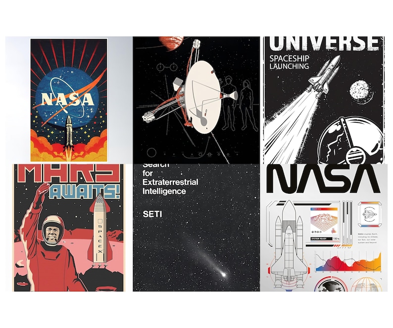 Op de afbeelding: Collectie vintage NASA ruimteonderzoek posters. De posters tonen raketten, astronauten en het NASA-logo. Het kleurenpalet omvat rood, blauw en wit, met retro typografie. Thema's zijn Mars-verkenning en SETI.