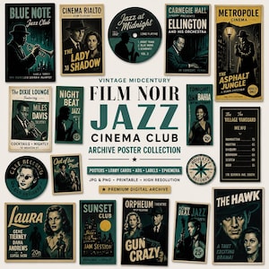 Pode incluir: Uma coleção de cartazes, cartões de lobby e etiquetas em estilo vintage de filme noir e jazz, com ilustrações sombrias e atmosféricas de músicos e atores, com tipografia ousada incluindo títulos como Blue Note, Cinema Rialto e The Hawk.