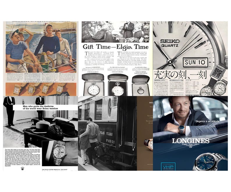 May include: A collage of vintage watch advertisements. The ads feature watches from brands like Rolex, Seiko, and Longines. The images include men in various settings, such as a sailboat, a train, and a car, showcasing the watches.