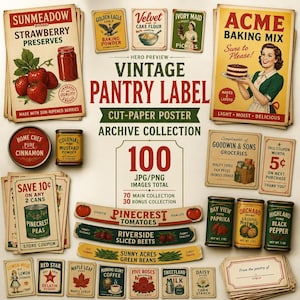 Pode incluir: Uma coleção de etiquetas e cartazes de despensa vintage com diversos produtos alimentares, incluindo compota de morango, misturas para bolos, especiarias e cupões. O texto inclui títulos como Sunmeadow, Acme Baking Mix e Pinecrest, com um total de 100 imagens em formatos JPG e PNG.