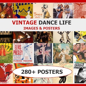 Puede incluir: Una colección de carteles de baile vintage con varios temas y estilos. Los carteles presentan imágenes de bailarines, instrumentos musicales y texto, incluyendo "Vintage Dance Life Images & Posters" y "280+ Posters."