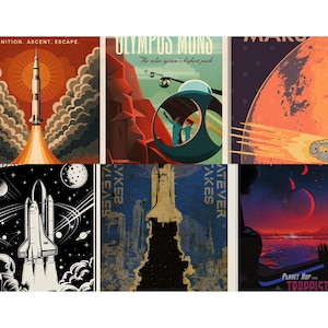 Op de afbeelding: Zes posters over ruimtereizen in vintage stijl. De posters tonen raketten, planeten en astronauten in een retro-ontwerp. E&eacute;n poster luidt "IGNITION. ASCENT. ESCAPE." Een andere luidt "OLYMPUS MONS" en "The solar system's highest peak."