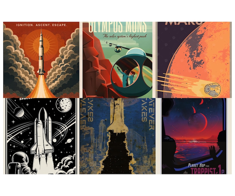Op de afbeelding: Zes posters over ruimtereizen in vintage stijl. De posters tonen raketten, planeten en astronauten in een retro-ontwerp. E&eacute;n poster luidt "IGNITION. ASCENT. ESCAPE." Een andere luidt "OLYMPUS MONS" en "The solar system's highest peak."