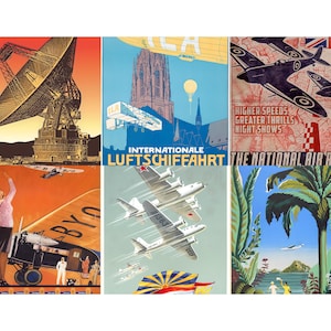 Peut inclure: Une collection d'affiches vintage sur le th&egrave;me de l'aviation. Les affiches pr&eacute;sentent des images d'avions, de dirigeables et d'une grande antenne parabolique. Une affiche porte le texte "HIGHER SPEEDS GREATER THRILLS NIGHT SHOWS". Les affiches sont de couleurs vari&eacute;es, dont le rouge, le bleu et l'orange.