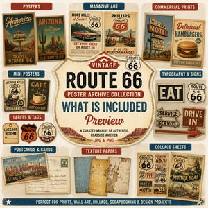 Pode incluir: Uma coleção de designs vintage com o tema da Rota 66, incluindo cartazes, anúncios de revistas e letreiros. A imagem apresenta vários gráficos retrô, como um restaurante, um carro e uma motocicleta, com o texto "Route 66" em destaque. Perfeito para impressões e projetos de design.