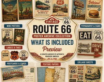 Collezione di poster vintage della Route 66, pubblicità di viaggio retrò in stile americano, set di materiale effimero di motel, ristoranti e stazioni di servizio.