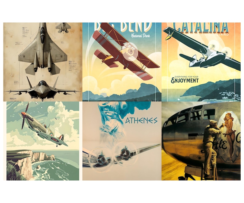 Peut inclure: Ensemble de six affiches d'aviation de style vintage. Les affiches pr&eacute;sentent divers avions, dont un biplan, un hydravion et un avion de chasse. La palette de couleurs comprend des bleus, des oranges et des bruns, &eacute;voquant une esth&eacute;tique r&eacute;tro. Certaines affiches incluent du texte.