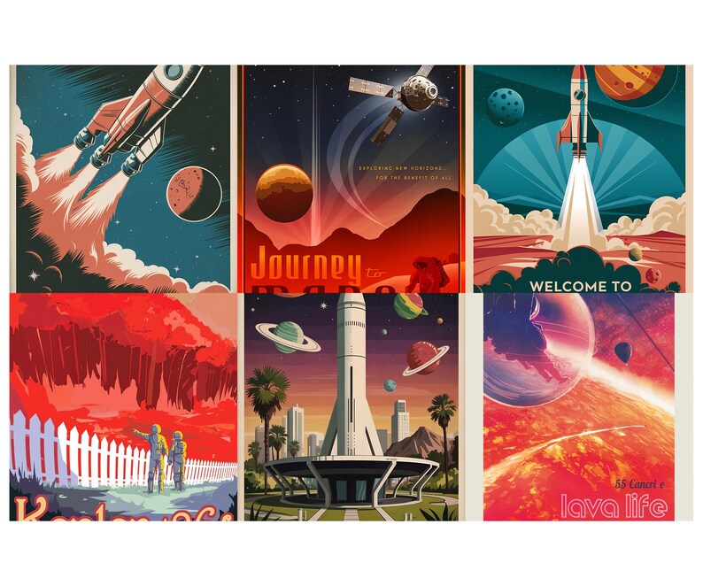 Op de afbeelding: Set van zes retro-stijl ruimtevaartposters. Elke poster toont raketten, planeten en futuristische landschappen in levendige kleuren. E&eacute;n poster leest "Journey", een andere "Welcome to" en een derde "Lava Life".