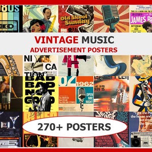Może przedstawiać: Kolekcja plakatów reklamowych muzyki w stylu vintage. Plakaty prezentują retro projekty z tekstami takimi jak "1980s", "Old Skool Sunday" i "James Brown". Obraz zawiera różne instrumenty muzyczne i tekst "270+ POSTERS".