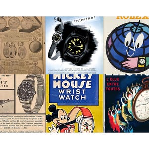 May include: A collage of vintage watch advertisements. Featured are a black wristwatch with a glowing face, a Mickey Mouse wrist watch, and a Rolex globe design. Other ads showcase pocket watches and watch details.