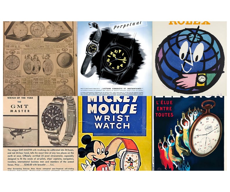 May include: A collage of vintage watch advertisements. Featured are a black wristwatch with a glowing face, a Mickey Mouse wrist watch, and a Rolex globe design. Other ads showcase pocket watches and watch details.