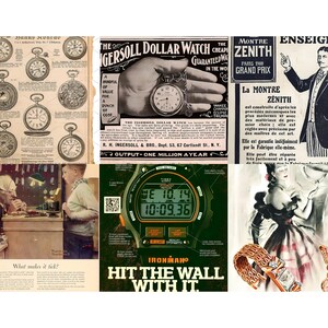 May include: A collage of vintage advertisements featuring pocket watches, wristwatches, and jewelry. One ad showcases an Ingersoll Dollar Watch, another a Zenith watch, and a Timex Ironman digital watch. The image evokes a sense of nostalgia.