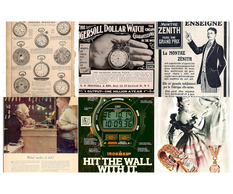May include: A collage of vintage advertisements featuring pocket watches, wristwatches, and jewelry. One ad showcases an Ingersoll Dollar Watch, another a Zenith watch, and a Timex Ironman digital watch. The image evokes a sense of nostalgia.