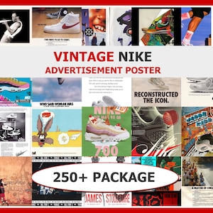 Könnte beinhalten: Eine Collage von Vintage-Nike-Werbeanzeigen. Das Poster zeigt verschiedene Bilder von Nike-Schuhen, Athleten und Slogans. Der Text "VINTAGE NIKE ADVERTISEMENT POSTER" ist prominent dargestellt, zusammen mit "250+ PACKAGE".