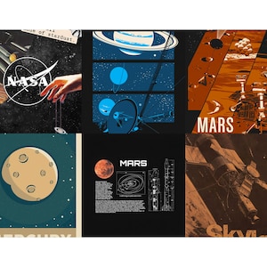 Op de afbeelding: Een verzameling van zes posters in retrostijl met een ruimtethema. De posters tonen illustraties van planeten, raketten en ruimteverkenning, waaronder het NASA-logo en het woord "Mars". Het kleurenpalet omvat blauw, oranje en bruin.
