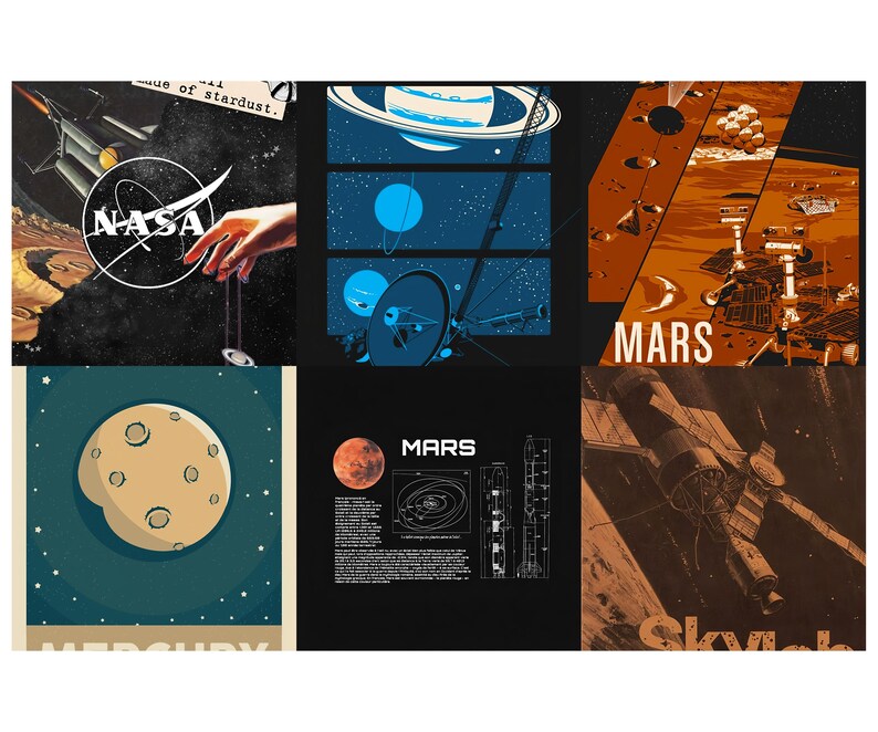 Op de afbeelding: Een verzameling van zes posters in retrostijl met een ruimtethema. De posters tonen illustraties van planeten, raketten en ruimteverkenning, waaronder het NASA-logo en het woord "Mars". Het kleurenpalet omvat blauw, oranje en bruin.
