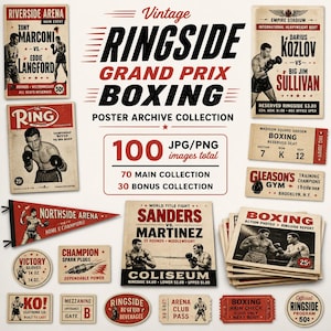Pode incluir: Uma coleção de recursos gráficos com tema de boxe vintage, incluindo cartazes, ingressos e flâmulas. Os designs apresentam ilustrações em preto e branco de boxeadores, tipografia ousada e detalhes em vermelho com informações de eventos.
