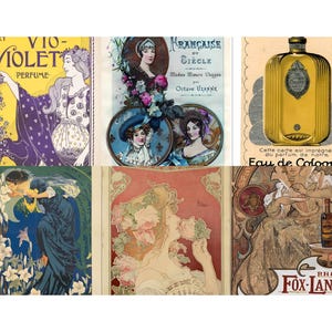 May include: A collection of vintage perfume and cologne advertisements. The images feature Art Nouveau illustrations with women, flowers, and ornate typography. One advertisement displays a gold-colored cologne bottle.