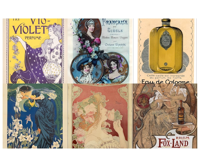 May include: A collection of vintage perfume and cologne advertisements. The images feature Art Nouveau illustrations with women, flowers, and ornate typography. One advertisement displays a gold-colored cologne bottle.