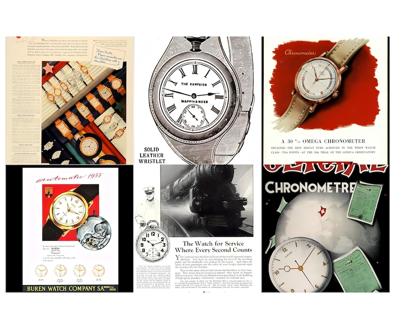 May include: Vintage watch advertisements. One ad features a pocket watch with the text "The Campaign" and "Mappin & Webb." Another shows a gold watch with a black band. Other ads display various watches with leather straps and the text "Chronometer."