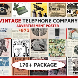Może przedstawiać: Kolaż reklam telefonów w stylu vintage. Centralny tekst brzmi "VINTAGE TELEPHONE COMPANY ADVERTISEMENT POSTER" z etykietą "170+ PACKAGE". Obrazy obejmują różne modele telefonów i powiązane grafiki.