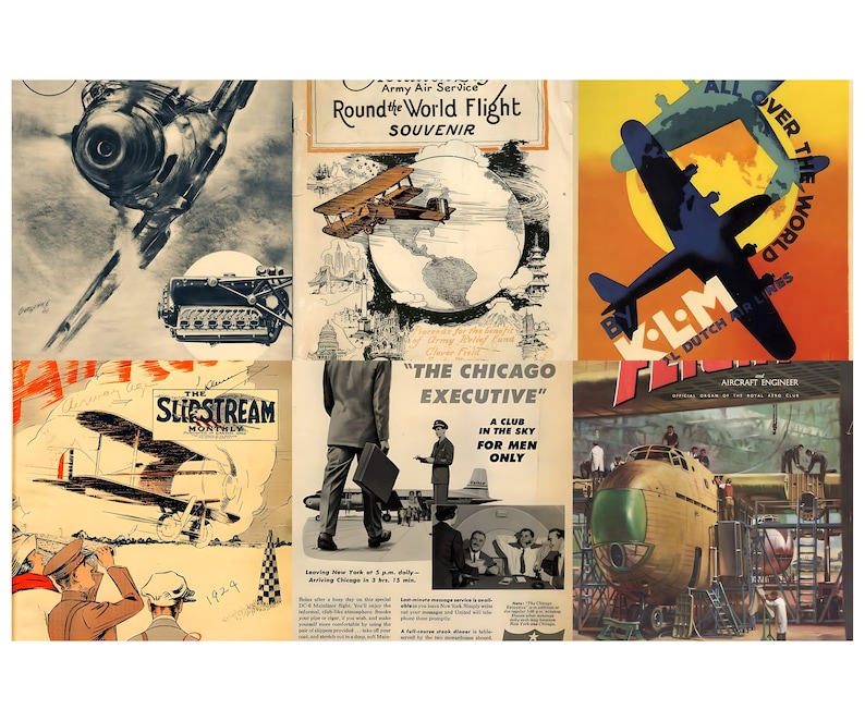 Peut inclure: Un collage de publicit&eacute;s et d'illustrations vintage sur le th&egrave;me de l'aviation. Les images pr&eacute;sentent des avions, des moteurs et du texte tel que "Round the World Flight" et "The Chicago Executive". La palette de couleurs comprend des bleus, des oranges et des tons s&eacute;pia.