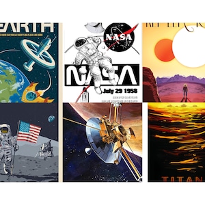 Op de afbeelding: Een verzameling posters in vintage-stijl met ruimtethema's. E&eacute;n poster toont een ruimtestation dat rond de aarde draait. Een andere toont een astronaut met het NASA-logo en de datum 29 juli 1958. Andere posters tonen sc&egrave;nes van ruimteverkenning.