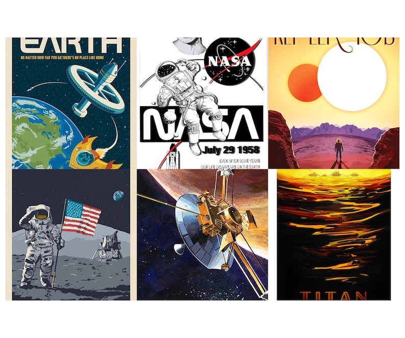 Op de afbeelding: Een verzameling posters in vintage-stijl met ruimtethema's. E&eacute;n poster toont een ruimtestation dat rond de aarde draait. Een andere toont een astronaut met het NASA-logo en de datum 29 juli 1958. Andere posters tonen sc&egrave;nes van ruimteverkenning.