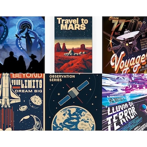 Op de afbeelding: Een verzameling van zes posters in vintage-stijl met ruimtethema. De posters bevatten illustraties van planeten, raketten, satellieten en de tekst "Travel to Mars", "Beyond Your Limits Dream Big", "Voyager", "Observation Series", en "Lluvia de Terror".