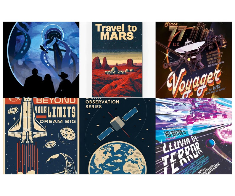 Op de afbeelding: Een verzameling van zes posters in vintage-stijl met ruimtethema. De posters bevatten illustraties van planeten, raketten, satellieten en de tekst "Travel to Mars", "Beyond Your Limits Dream Big", "Voyager", "Observation Series", en "Lluvia de Terror".