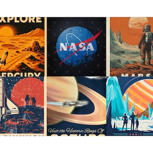 Op de afbeelding: Een verzameling van zes posters over ruimtereizen in vintage stijl. De posters bevatten illustraties van planeten, raketten, astronauten en het NASA-logo. Elke poster heeft een uniek kleurenpalet, waaronder oranje, blauw en bruin.
