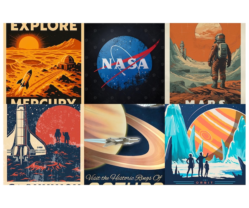 Op de afbeelding: Een verzameling van zes posters over ruimtereizen in vintage stijl. De posters bevatten illustraties van planeten, raketten, astronauten en het NASA-logo. Elke poster heeft een uniek kleurenpalet, waaronder oranje, blauw en bruin.